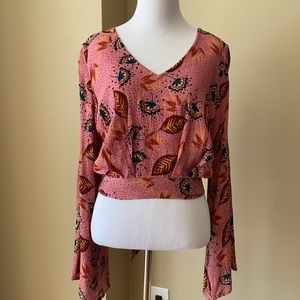 Flowered Open Back Tie Top with Bell Sleeves